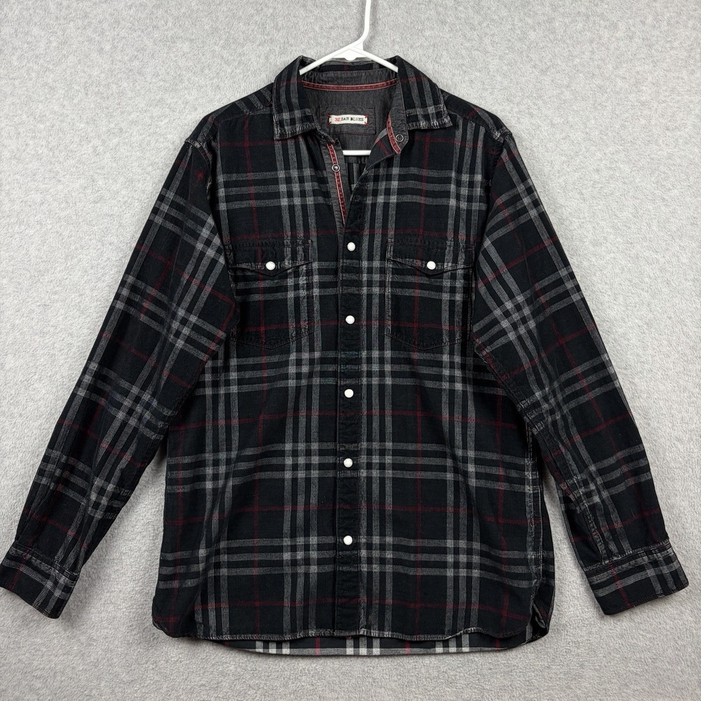 32 Bar Blues Shirt Mens Medium Black Pinwale Corduroy Plaid Pearl Snap Western